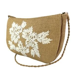 Oysho Women's Beige Tan Raffia Embroidered Floral Crossbody Shoulder Bag